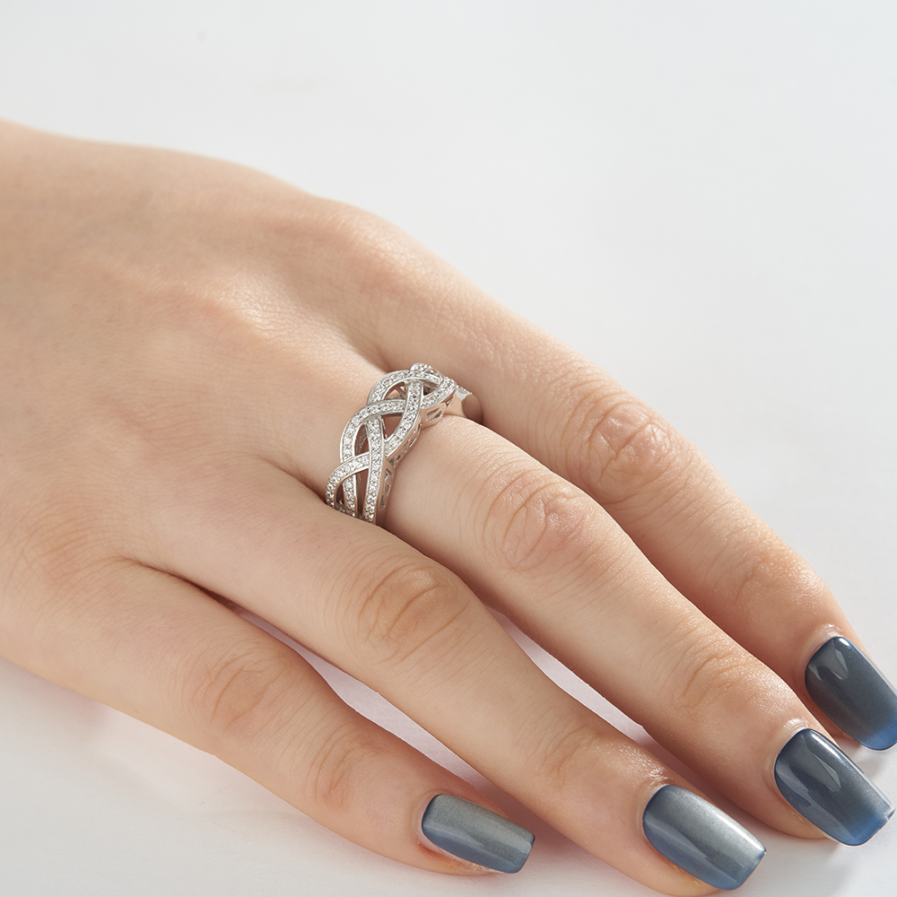 Round Cut Diamond White Sterling Silver Intertwined Wedding Ring